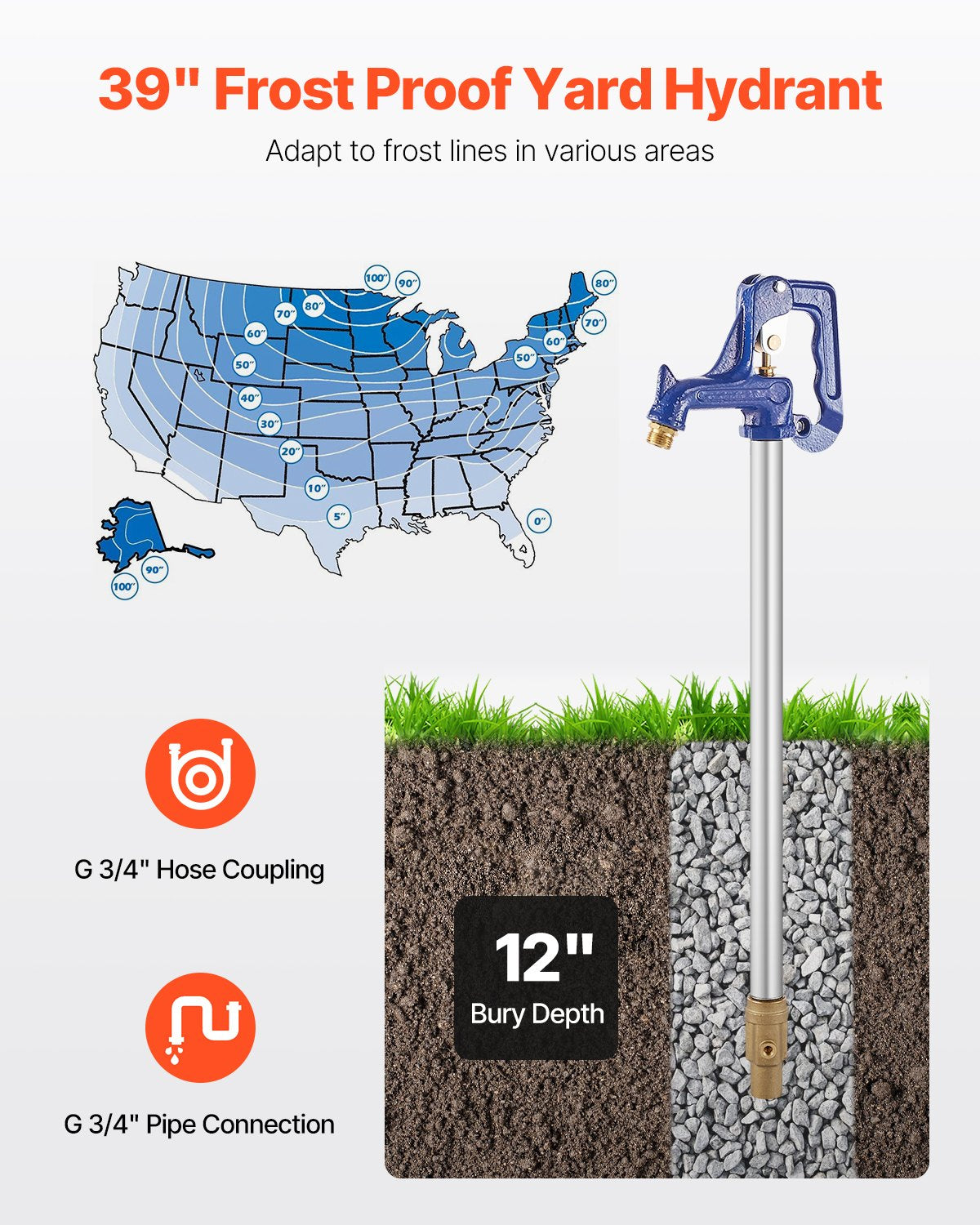 Frost Proof Yard Hydrant 39'' Length 12" Bury Deep Heavy Duty Cast Iron