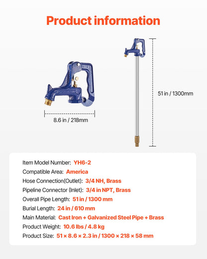 Frost Proof Yard Hydrant, 4.25 FT Freeze-Proof Outdoor Faucet with 24" Bury Dept, 3/4" NPT Pipe Connection & 3/4" NH Hose Coupling, Heavy-Duty Cast Iron Hydrant for Yard, Garden, Farm Irrigation