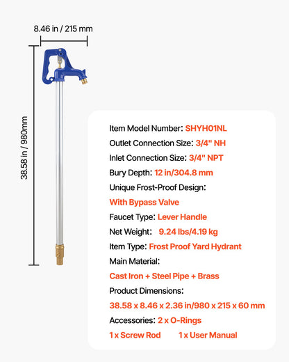 Frost Proof Yard Hydrant, 3.22FT Freeze-Proof Outdoor Faucet with 12" Bury Depth, 3/4" NPT Pipe Connection & 3/4" NH Hose Coupling, No Lead Freezeless Hydrant for Yard Garden Farm Irrigation