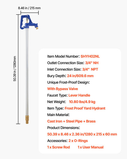 Frost Proof Yard Hydrant, 4.2FT Freeze-Proof Outdoor Faucet with 24" Bury Depth, 3/4" NPT Pipe Connection & 3/4" NH Hose Coupling, No Lead Freezeless Hydrant for Yard Garden Farm Irrigation