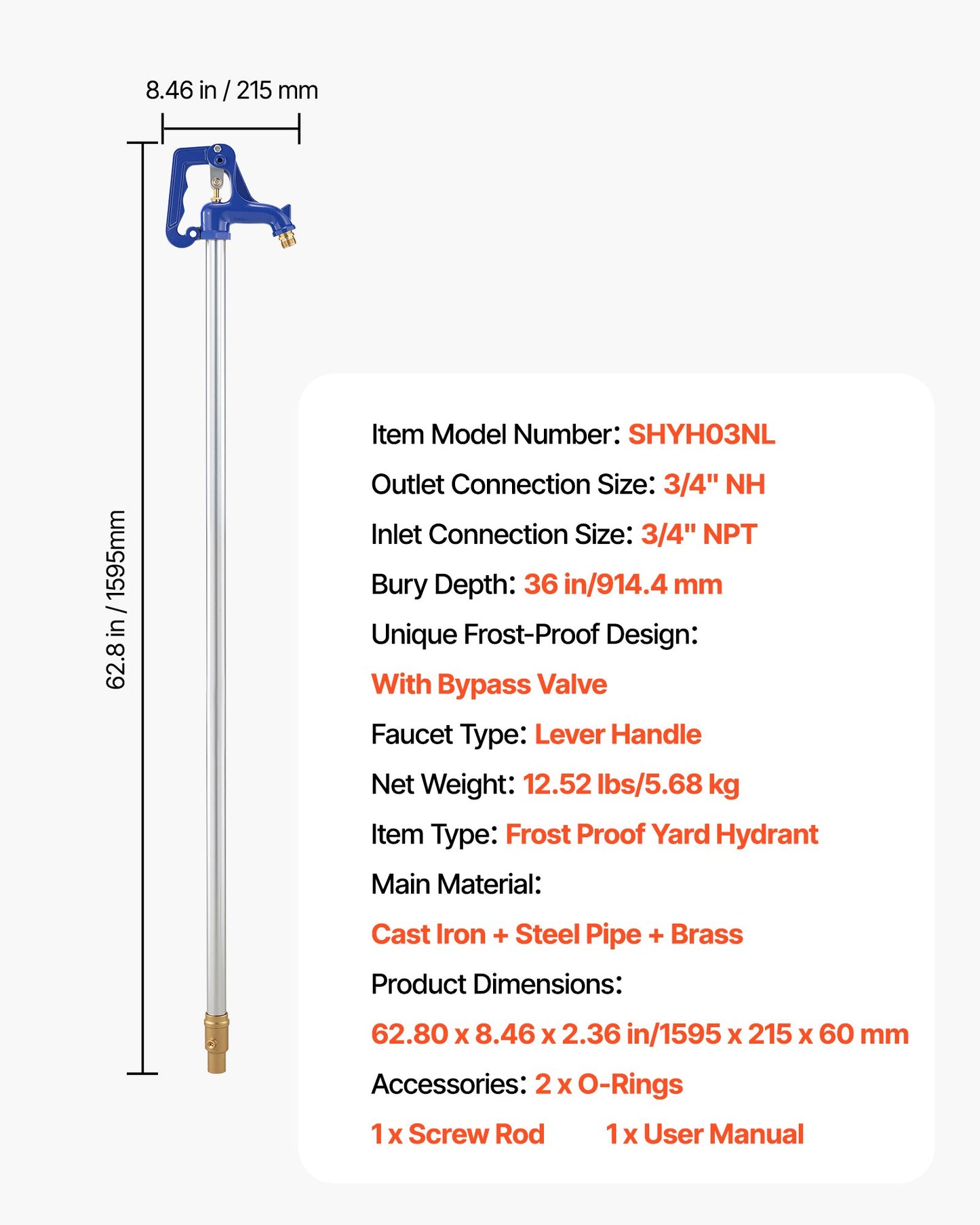 Frost Proof Yard Hydrant, 5.24FT Freeze-Proof Outdoor Faucet with 36" Bury Depth, 3/4" NPT Pipe Connection & 3/4" NH Hose Coupling, No Lead Freezeless Hydrant for Yard Garden Farm Irrigation