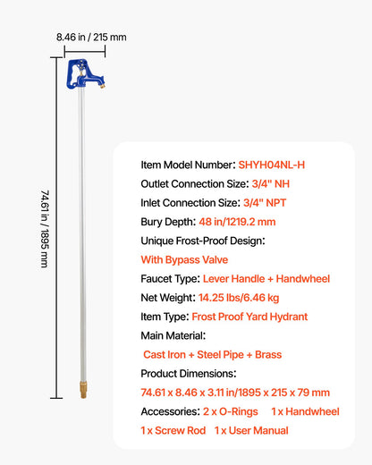 Frost Proof Yard Hydrant, 6.22FT Freeze-Proof Outdoor Faucet with 48" Bury Depth, 3/4" NPT Pipe Connection, Lever Handle + Handwheel, No Lead Freezeless Hydrant for Yard Garden Farm Irrigation
