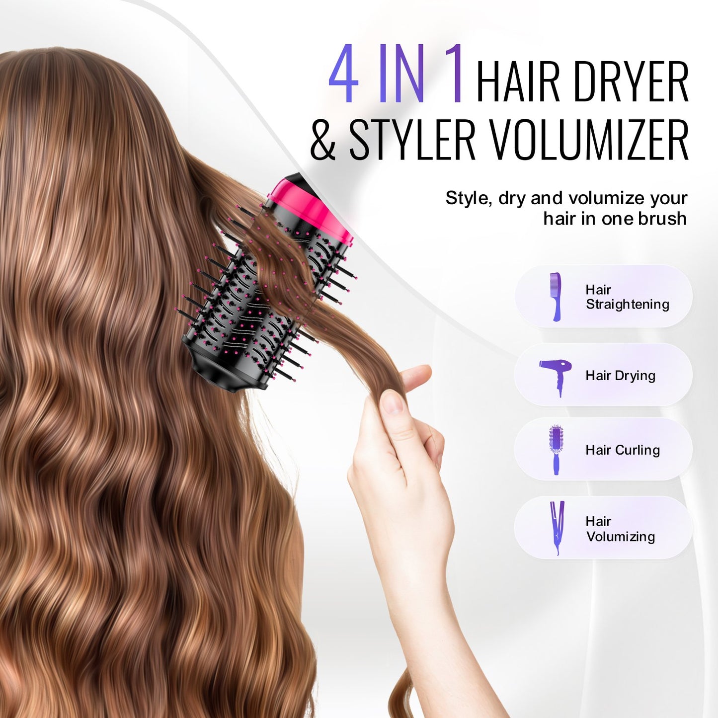 Hair Blow Dryer Brush, 4 in 1 Ionic Hair Dryer and Styler Volumizer with 2.56" Ceramic Coating Oval Barrel & 3 Heat Settings, Professional Hot Air Styling Brush for Straightening Drying Curling