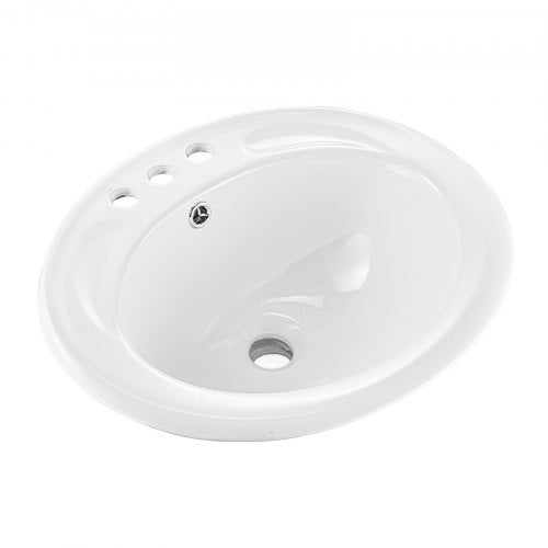 Semi Recessed Bathroom Sink, 19.09 x 16.73 Inch Oval White Ceramic Vessel Sink with Overflow Hole and 3 Faucet Holes, Drop in Modern Lavatory Vanity Bath Wash Bowl Basin, Ideal for Small Spaces