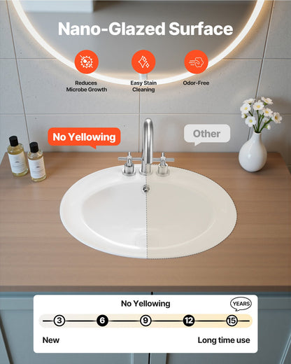 Semi Recessed Bathroom Sink, 19.09 x 16.73 Inch Oval White Ceramic Vessel Sink with Overflow Hole and 3 Faucet Holes, Drop in Modern Lavatory Vanity Bath Wash Bowl Basin, Ideal for Small Spaces