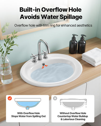 Semi Recessed Bathroom Sink, 19.09 x 16.73 Inch Oval White Ceramic Vessel Sink with Overflow Hole and 3 Faucet Holes, Drop in Modern Lavatory Vanity Bath Wash Bowl Basin, Ideal for Small Spaces