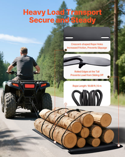 Yard Drag Sled, 90 x 46 in, 1500lbs Heavy Duty Utility Sled, HDPE Drag Glider with Ropes & Pull Cables, Hand & Vehicle Use Game Hauler for Firewood Ice Fishing, Compatible with ATVs UTVs Tractors