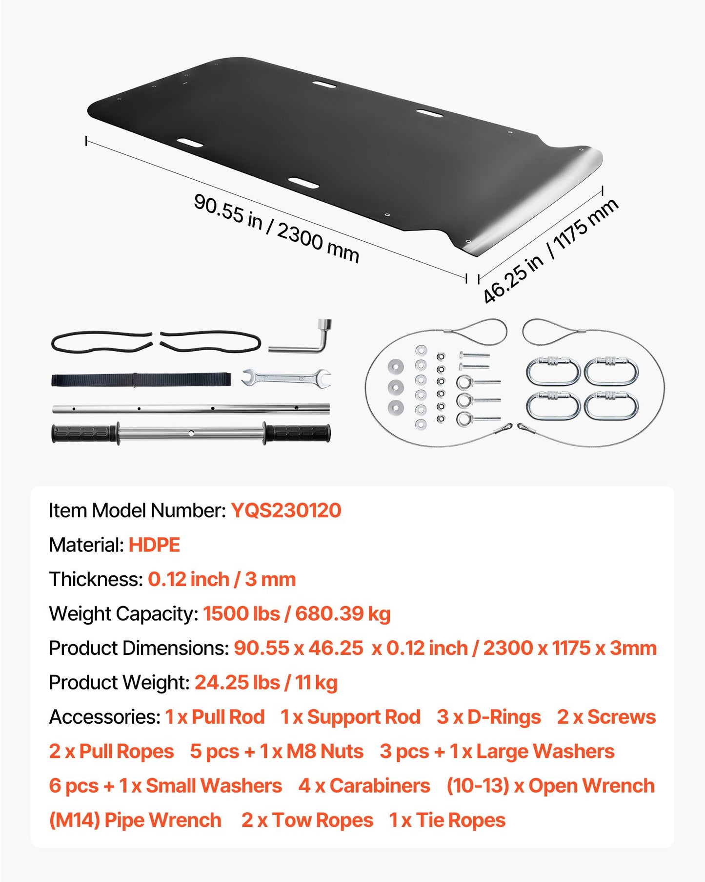 Yard Drag Sled, 90 x 46 in, 1500lbs Heavy Duty Utility Sled, HDPE Drag Glider with Ropes & Pull Cables, Hand & Vehicle Use Game Hauler for Firewood Ice Fishing, Compatible with ATVs UTVs Tractors