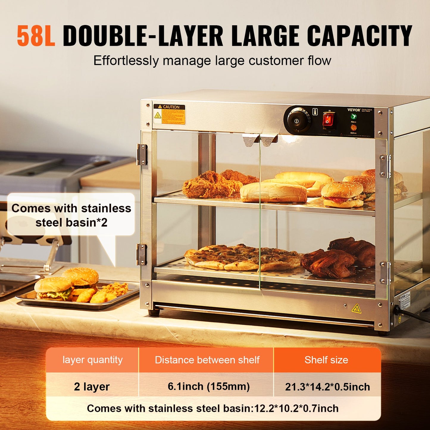 2-Tier Commercial Food Warmer Display Countertop Pizza Cabinet with Light
