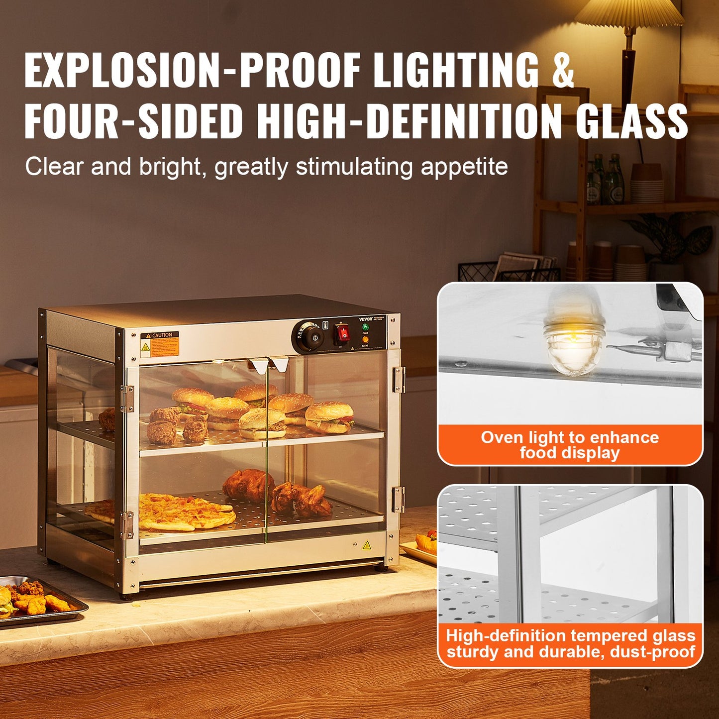 2-Tier Commercial Food Warmer Display Countertop Pizza Cabinet with Light