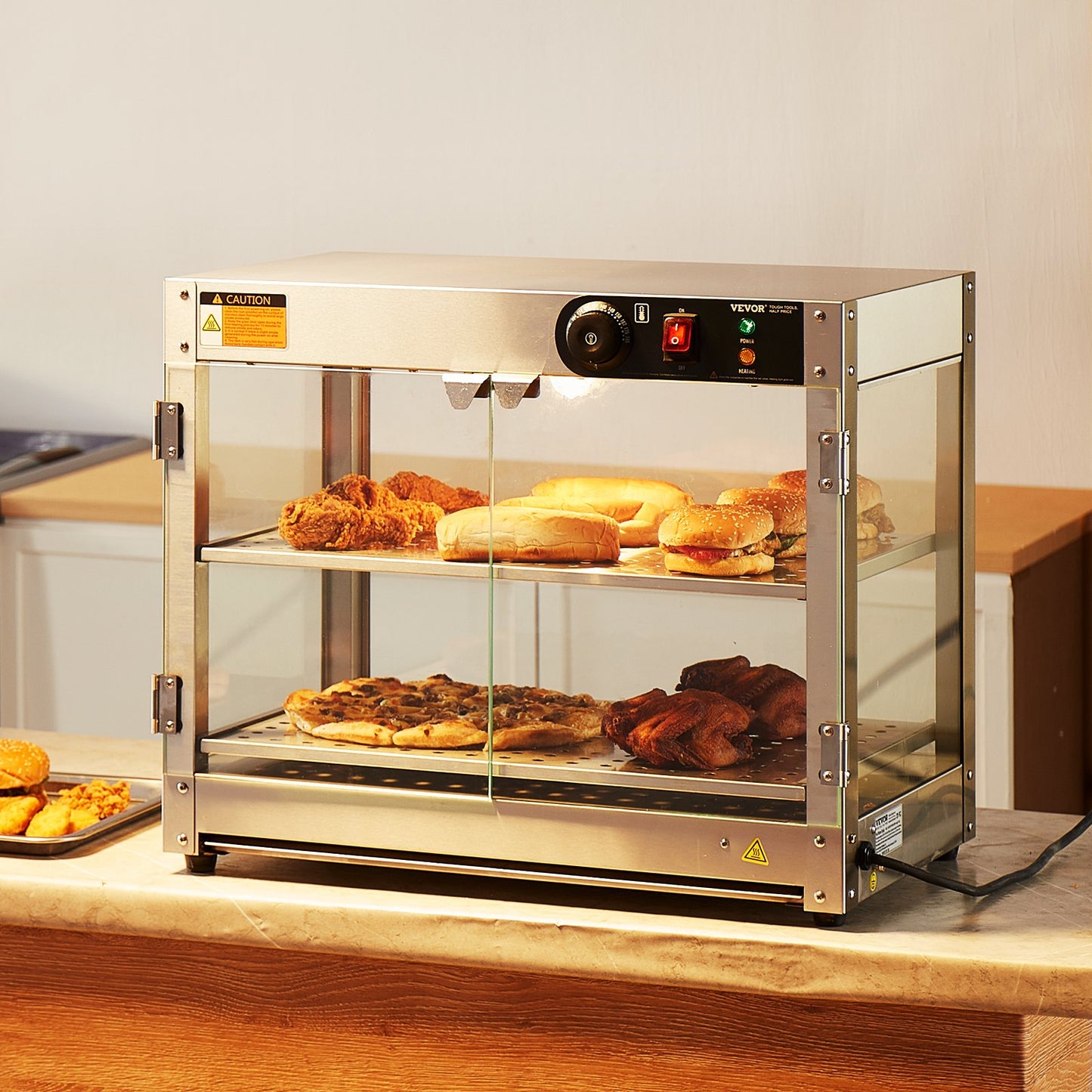 2-Tier Commercial Food Warmer Display Countertop Pizza Cabinet with Light