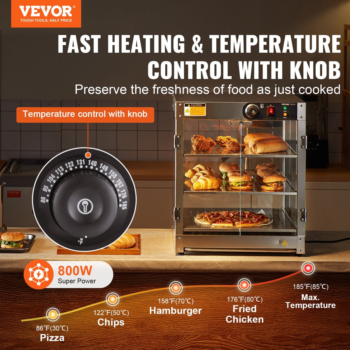 3-stufiger kommerzieller Speisenwärmer-Display-Arbeitsplatten-Pizzaschrank mit Beleuchtung