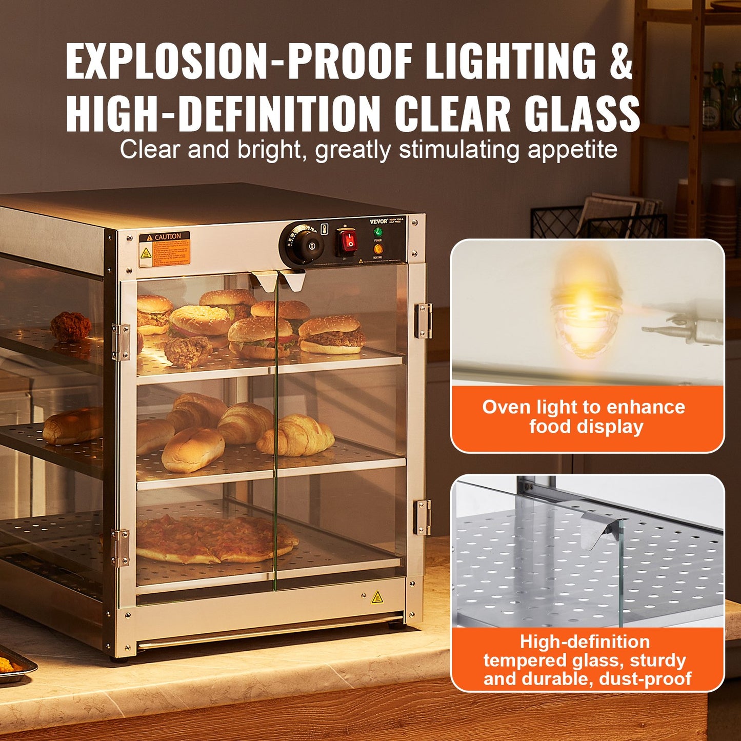 3-stufiger kommerzieller Speisenwärmer-Display-Arbeitsplatten-Pizzaschrank mit Beleuchtung