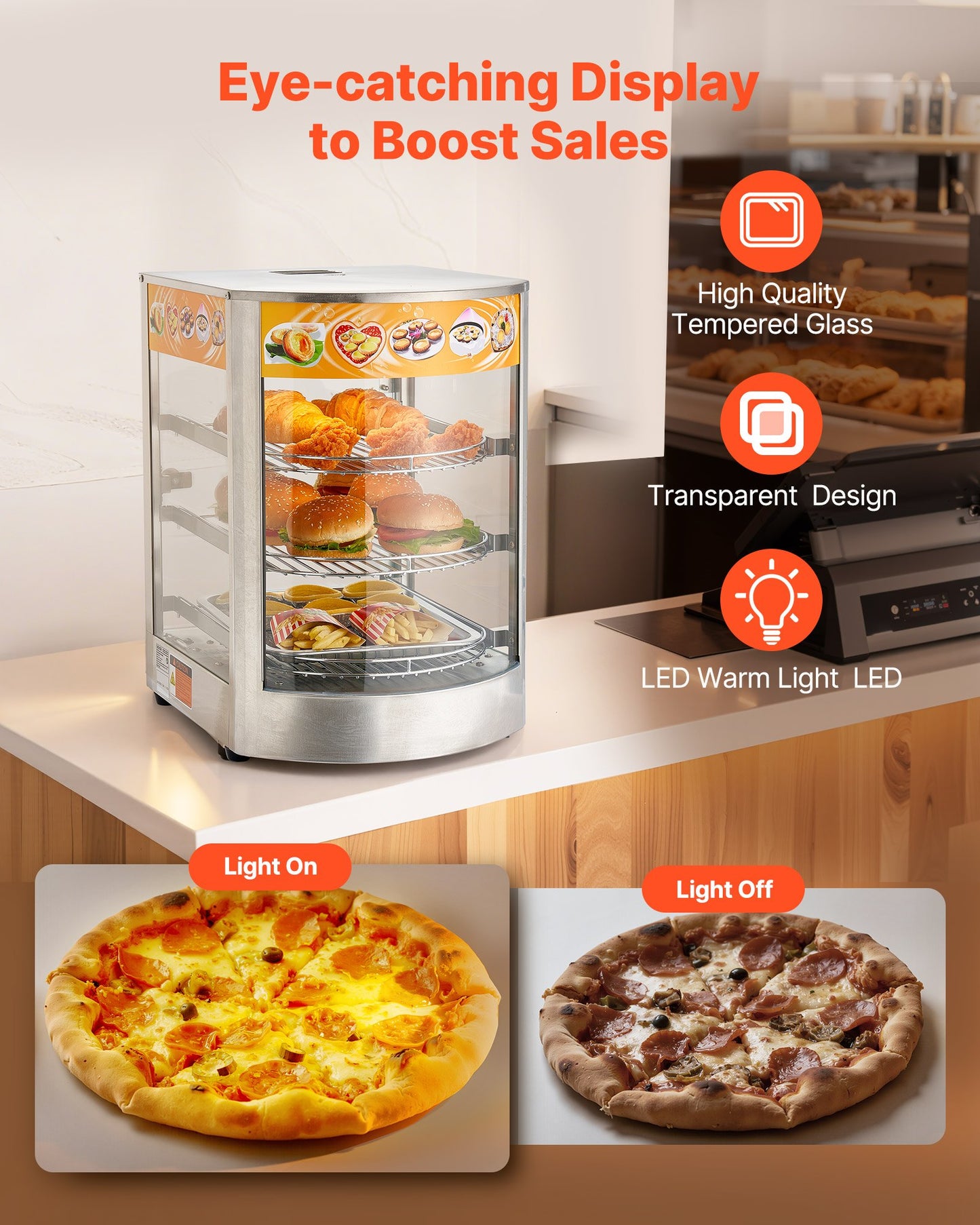 3-Tier Commercial Food Warmer Display, 800W Food Display Warmer with LED Light, Adjustable Shelf and Stainless Steel Frame, 86℉~185℉ Air Heating, 60L for Hamburger, Pizza, Bread, Fried Chicken