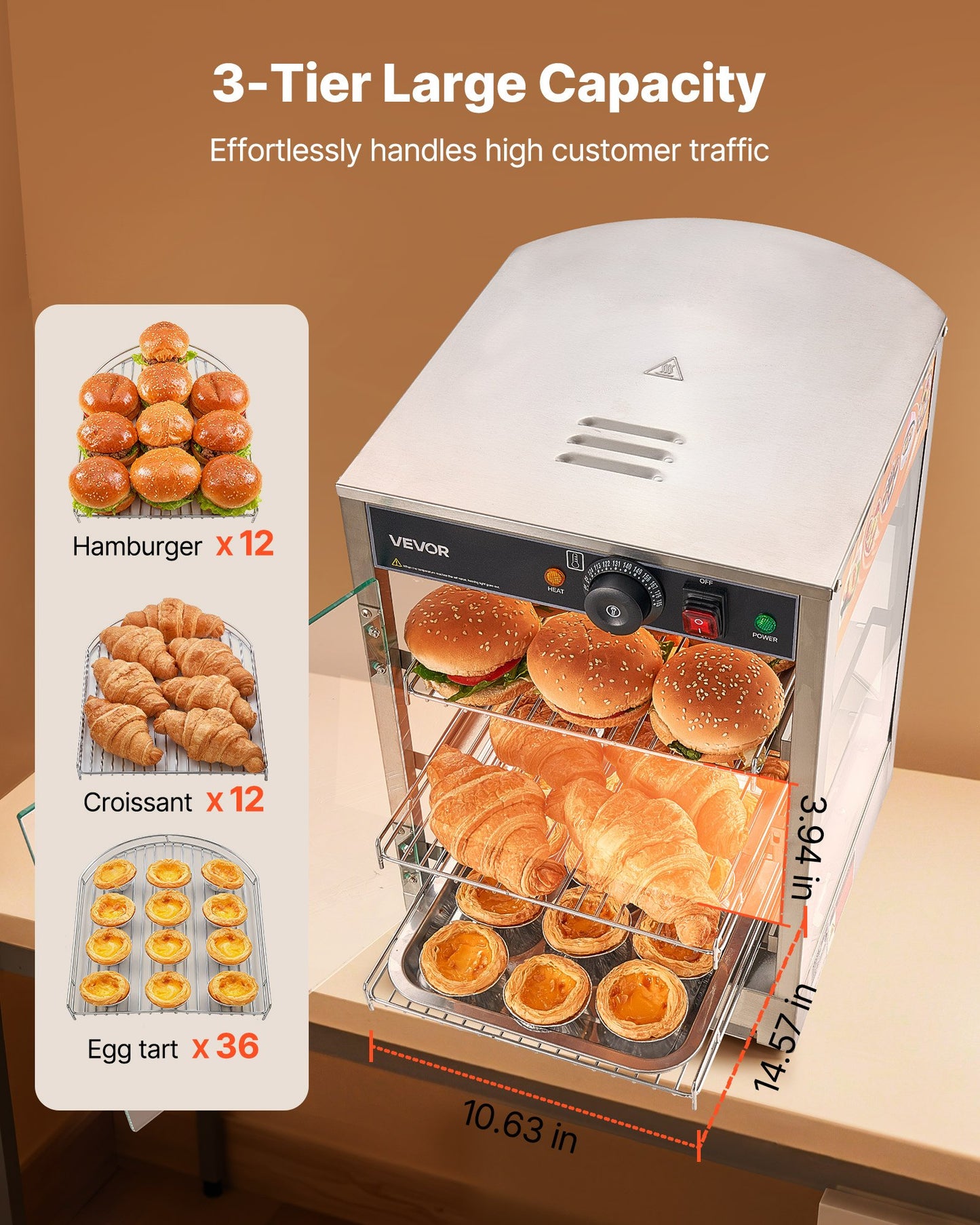 3-Tier Commercial Food Warmer Display, 800W Food Display Warmer with LED Light, Adjustable Shelf and Stainless Steel Frame, 86℉~185℉ Air Heating, 60L for Hamburger, Pizza, Bread, Fried Chicken