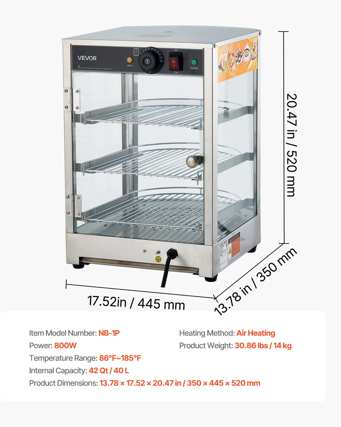 3-Tier Commercial Food Warmer Display, 800W Food Display Warmer with LED Light, Adjustable Shelf and Stainless Steel Frame, 86℉~185℉ Air Heating, 60L for Hamburger, Pizza, Bread, Fried Chicken