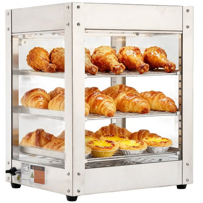 3-Tier Commercial Food Warmer Display, 800W Food Display Warmer with LED Light, Adjustable Shelf and Stainless Steel Frame, 86℉~185℉ Air Heating, 34L for Hamburger, Pizza, Bread, Fried Chicken