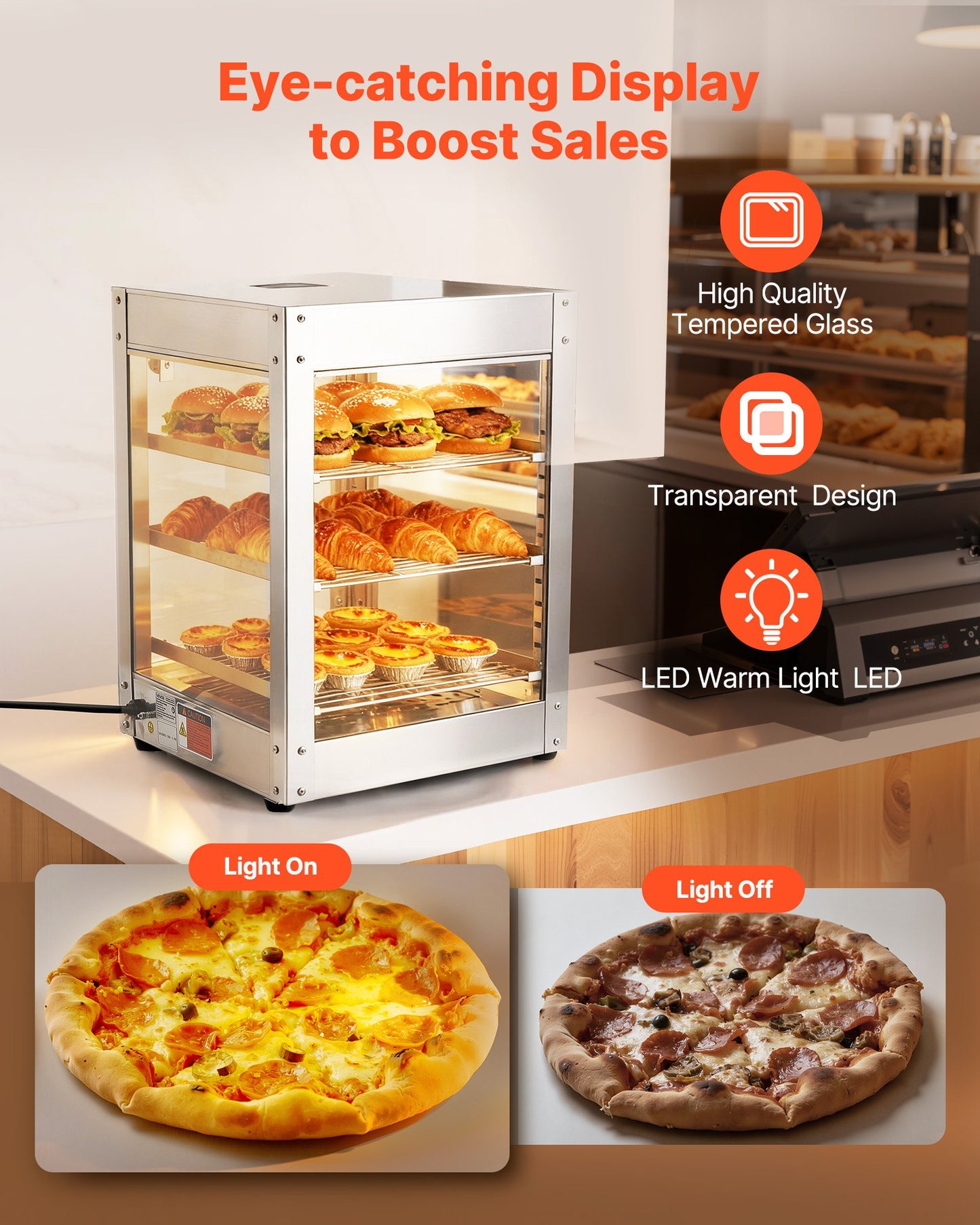 3-Tier Commercial Food Warmer Display, 800W Food Display Warmer with LED Light, Adjustable Shelf and Stainless Steel Frame, 86℉~185℉ Air Heating, 34L for Hamburger, Pizza, Bread, Fried Chicken