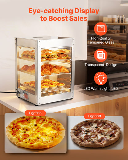 3-Tier Commercial Food Warmer Display, 800W Food Display Warmer with LED Light, Adjustable Shelf and Stainless Steel Frame, 86℉~185℉ Air Heating, 34L for Hamburger, Pizza, Bread, Fried Chicken