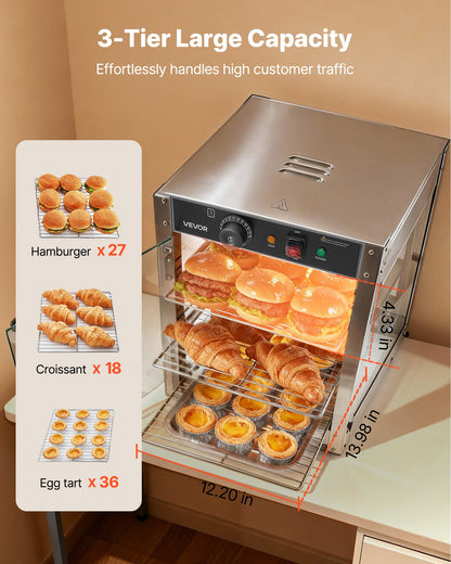 3-Tier Commercial Food Warmer Display, 800W Food Display Warmer with LED Light, Adjustable Shelf and Stainless Steel Frame, 86℉~185℉ Air Heating, 34L for Hamburger, Pizza, Bread, Fried Chicken
