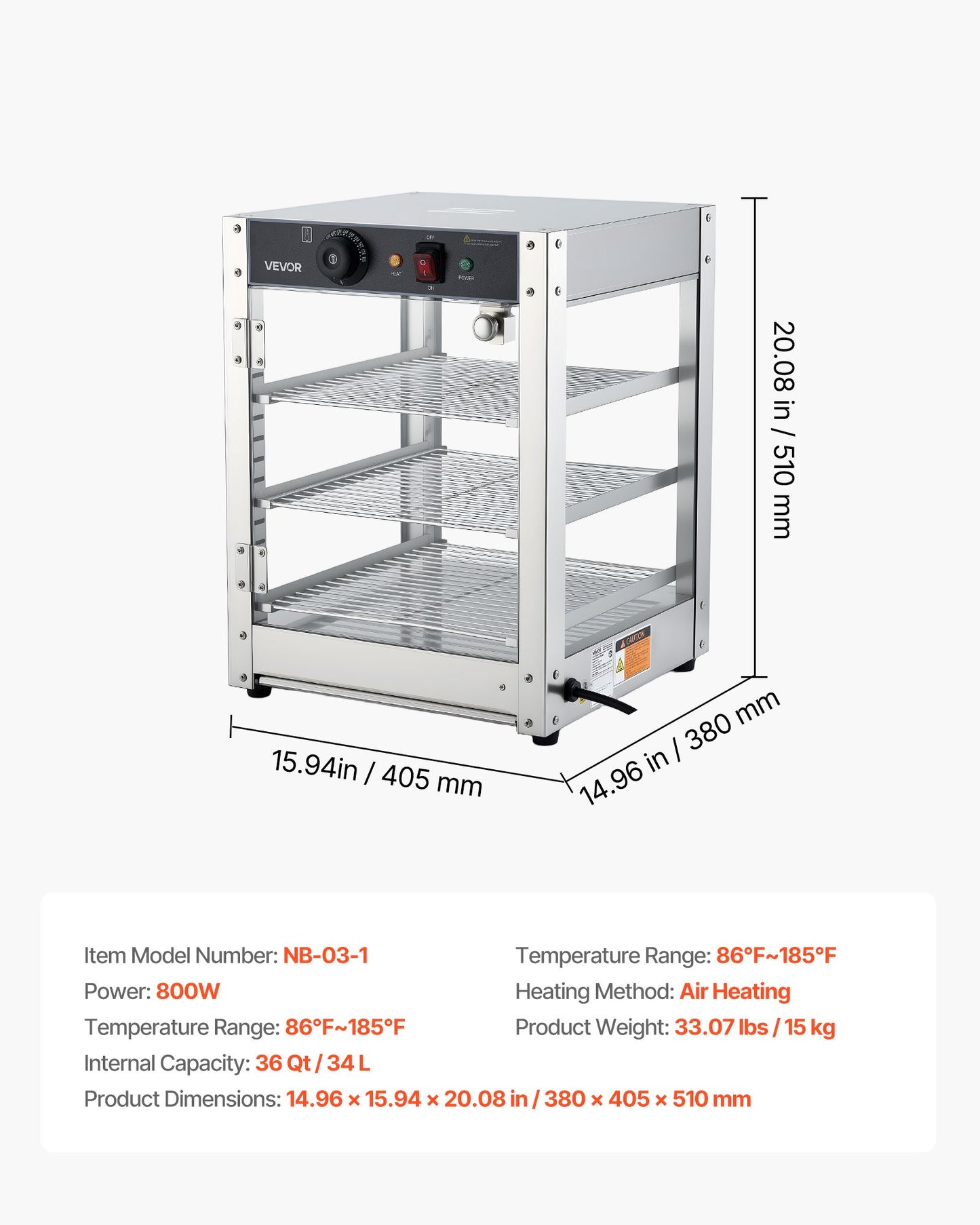 3-Tier Commercial Food Warmer Display, 800W Food Display Warmer with LED Light, Adjustable Shelf and Stainless Steel Frame, 86℉~185℉ Air Heating, 34L for Hamburger, Pizza, Bread, Fried Chicken
