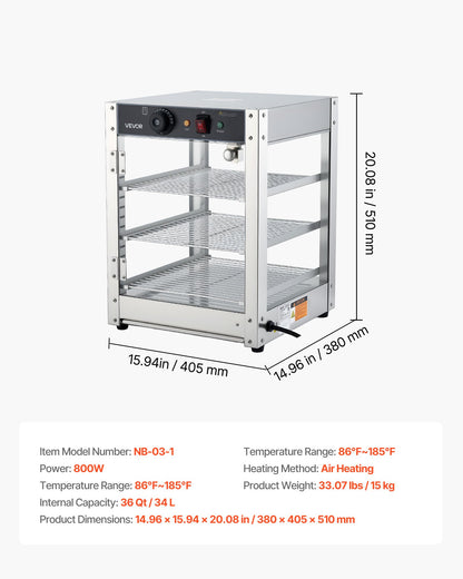 3-Tier Commercial Food Warmer Display, 800W Food Display Warmer with LED Light, Adjustable Shelf and Stainless Steel Frame, 86℉~185℉ Air Heating, 34L for Hamburger, Pizza, Bread, Fried Chicken