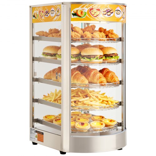 5-Tier Commercial Food Warmer Display, 800W Food Display Warmer with LED Light, Adjustable Shelf and Stainless Steel Frame, 86℉~185℉ Air Heating, 60L for Hamburger, Pizza, Bread, Fried Chicken