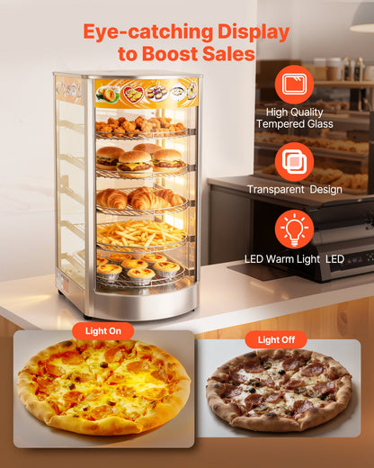 5-Tier Commercial Food Warmer Display, 800W Food Display Warmer with LED Light, Adjustable Shelf and Stainless Steel Frame, 86℉~185℉ Air Heating, 60L for Hamburger, Pizza, Bread, Fried Chicken