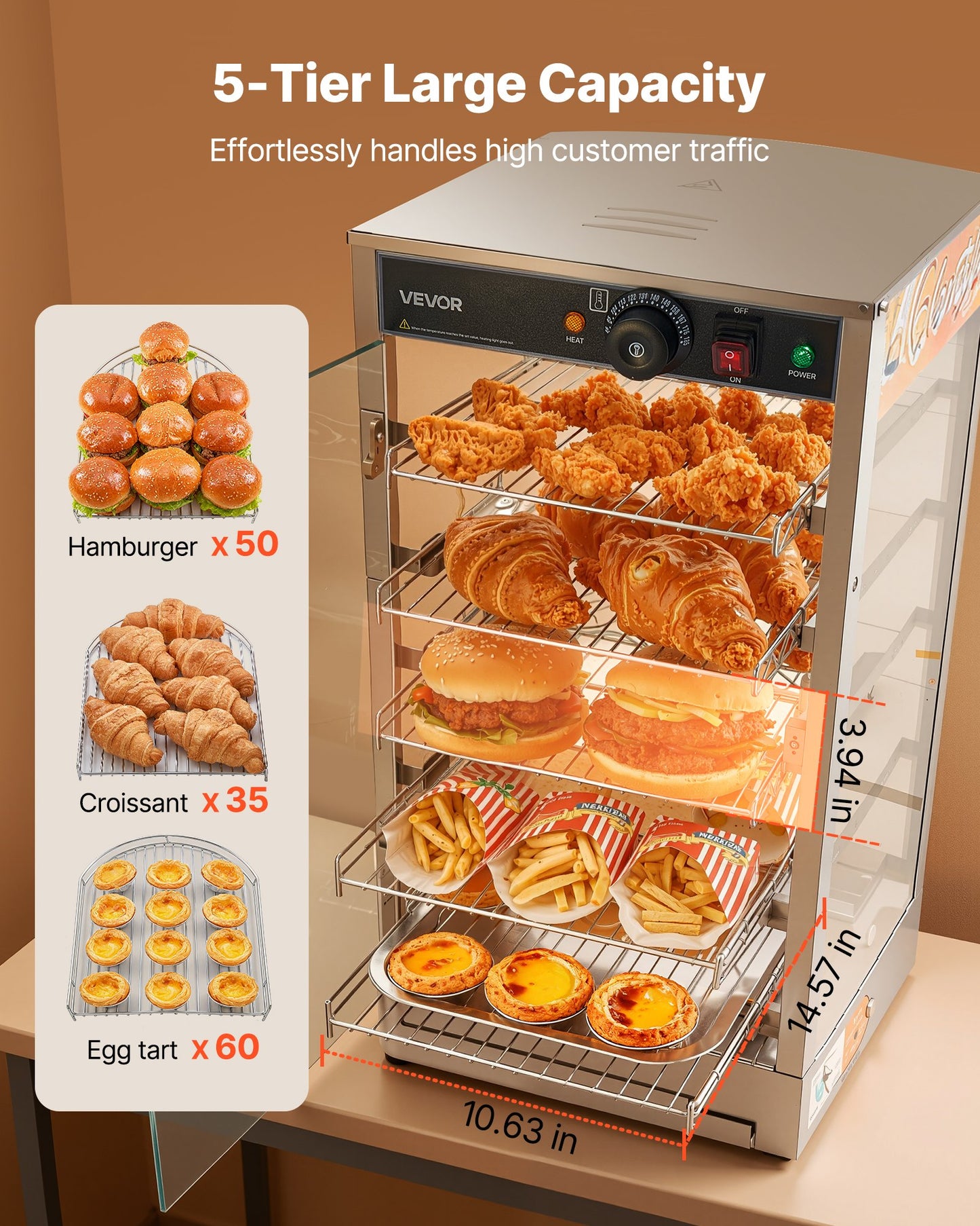 5-Tier Commercial Food Warmer Display, 800W Food Display Warmer with LED Light, Adjustable Shelf and Stainless Steel Frame, 86℉~185℉ Air Heating, 60L for Hamburger, Pizza, Bread, Fried Chicken