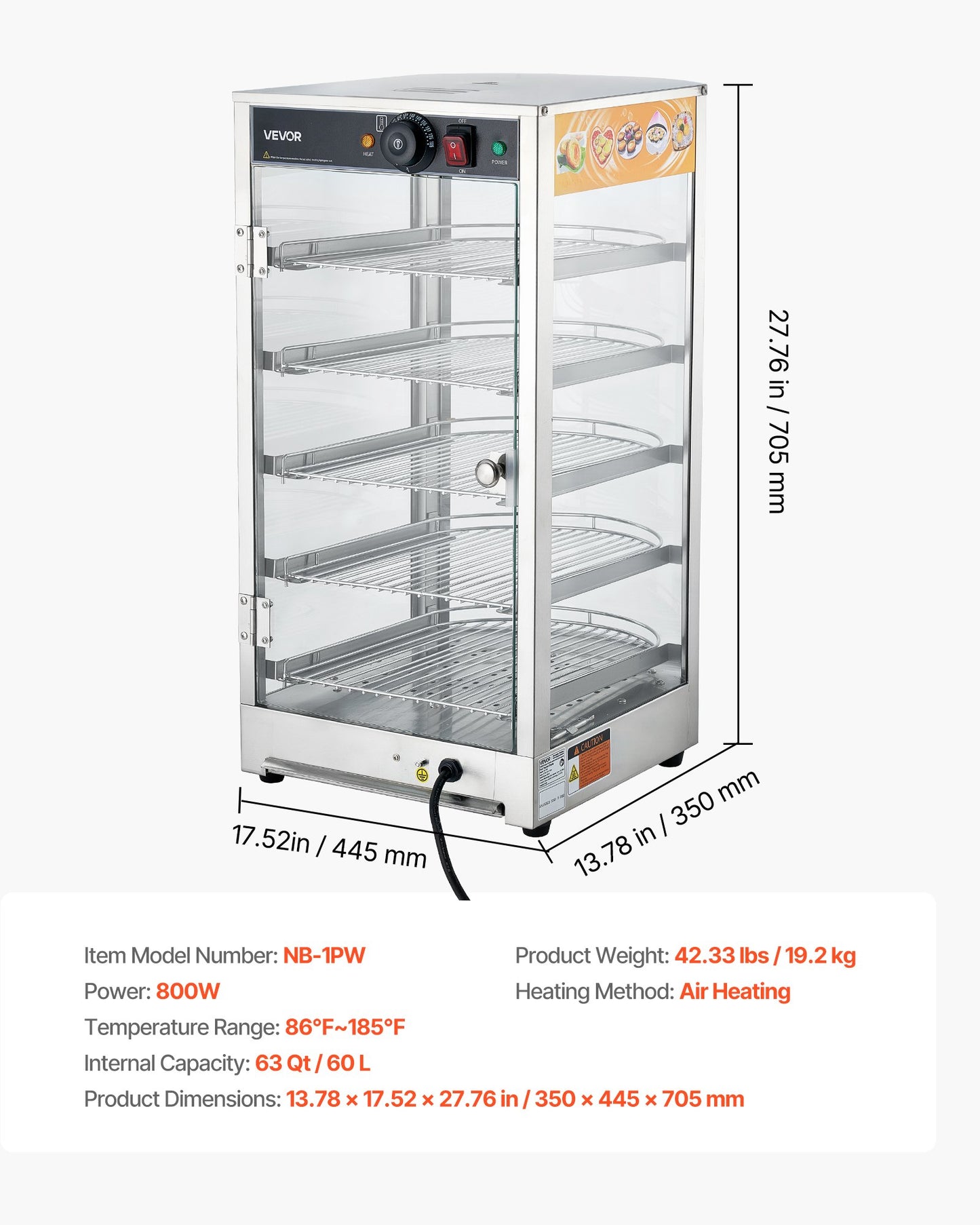 5-Tier Commercial Food Warmer Display, 800W Food Display Warmer with LED Light, Adjustable Shelf and Stainless Steel Frame, 86℉~185℉ Air Heating, 60L for Hamburger, Pizza, Bread, Fried Chicken
