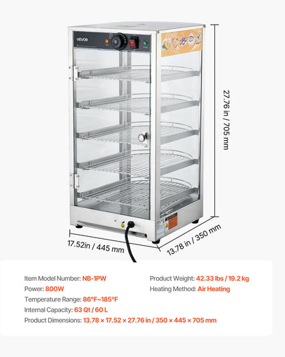 5-Tier Commercial Food Warmer Display, 800W Food Display Warmer with LED Light, Adjustable Shelf and Stainless Steel Frame, 86℉~185℉ Air Heating, 60L for Hamburger, Pizza, Bread, Fried Chicken