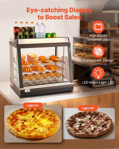 3-Tier Commercial Food Warmer Display, 1200W Food Display Warmer with LED Light, Top Storage and Adjustable Shelves, 86℉~185℉ Steam Heating, 75L for Hamburger, Pizza, Bread, Fried Chicken
