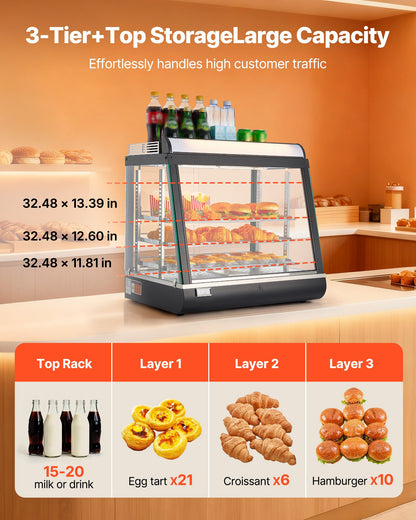 3-Tier Commercial Food Warmer Display, 1200W Food Display Warmer with LED Light, Top Storage and Adjustable Shelves, 86℉~185℉ Steam Heating, 75L for Hamburger, Pizza, Bread, Fried Chicken