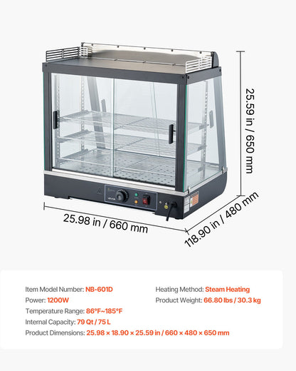 3-Tier Commercial Food Warmer Display, 1200W Food Display Warmer with LED Light, Top Storage and Adjustable Shelves, 86℉~185℉ Steam Heating, 75L for Hamburger, Pizza, Bread, Fried Chicken