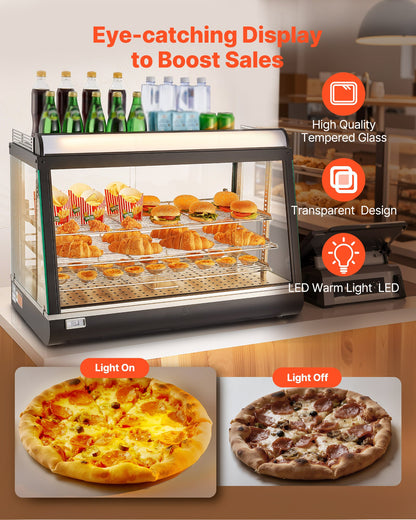 3-Tier Commercial Food Warmer Display, 1400W Food Display Warmer with LED Light, Top Storage and Adjustable Shelves, 86℉~185℉ Steam Heating, 105L for Hamburger, Pizza, Bread, Fried Chicken