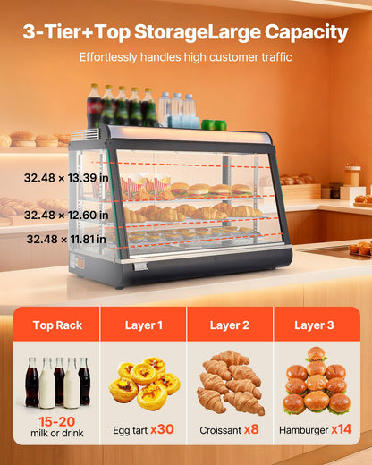 3-Tier Commercial Food Warmer Display, 1400W Food Display Warmer with LED Light, Top Storage and Adjustable Shelves, 86℉~185℉ Steam Heating, 105L for Hamburger, Pizza, Bread, Fried Chicken