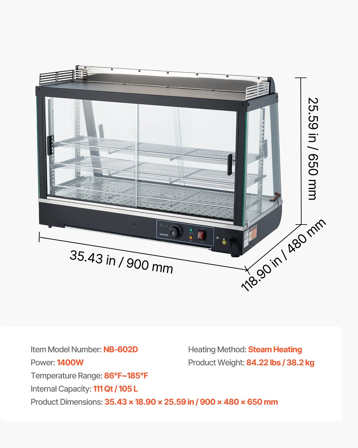 3-Tier Commercial Food Warmer Display, 1400W Food Display Warmer with LED Light, Top Storage and Adjustable Shelves, 86℉~185℉ Steam Heating, 105L for Hamburger, Pizza, Bread, Fried Chicken