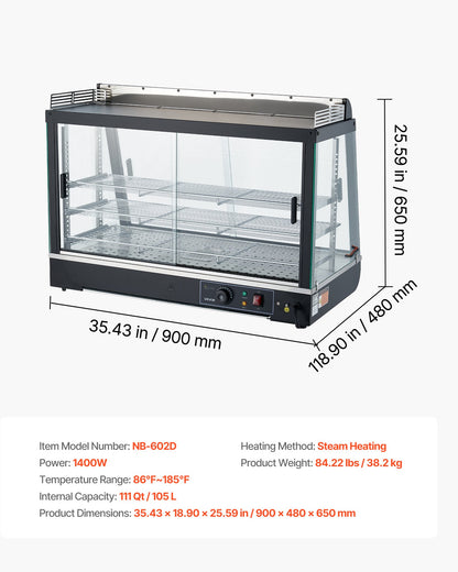 3-Tier Commercial Food Warmer Display, 1400W Food Display Warmer with LED Light, Top Storage and Adjustable Shelves, 86℉~185℉ Steam Heating, 105L for Hamburger, Pizza, Bread, Fried Chicken