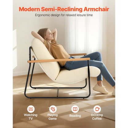 Accentfåtölj, Metallramstol med Träarmstöd, Modern Mysig Klädd Fåtölj, med Mjuk Skumdämpning, Avtagbar Kudde, För Vardagsrum, Sovrum, Läsrum, Kontor, Beige |  EU