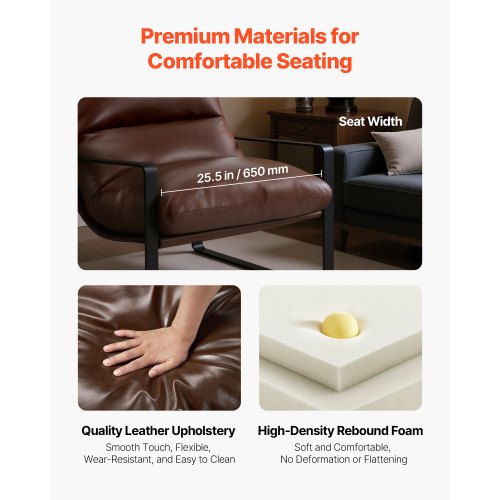 Akzent-Sessel, moderner PU-Ledersessel mit Metallrahmen, Wohnzimmer, Braun | EU