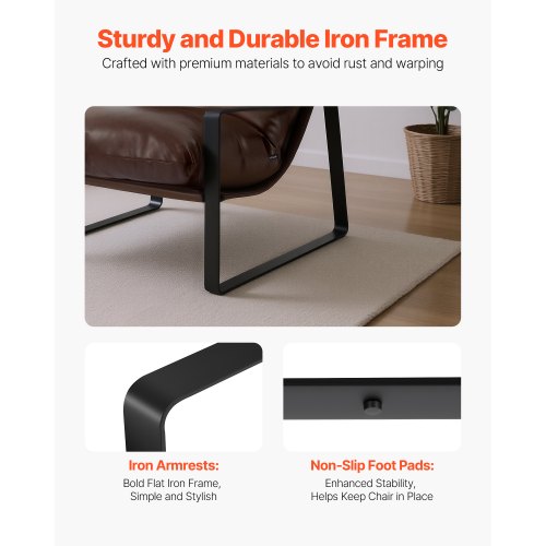 Akzent-Sessel, moderner PU-Ledersessel mit Metallrahmen, Wohnzimmer, Braun | EU