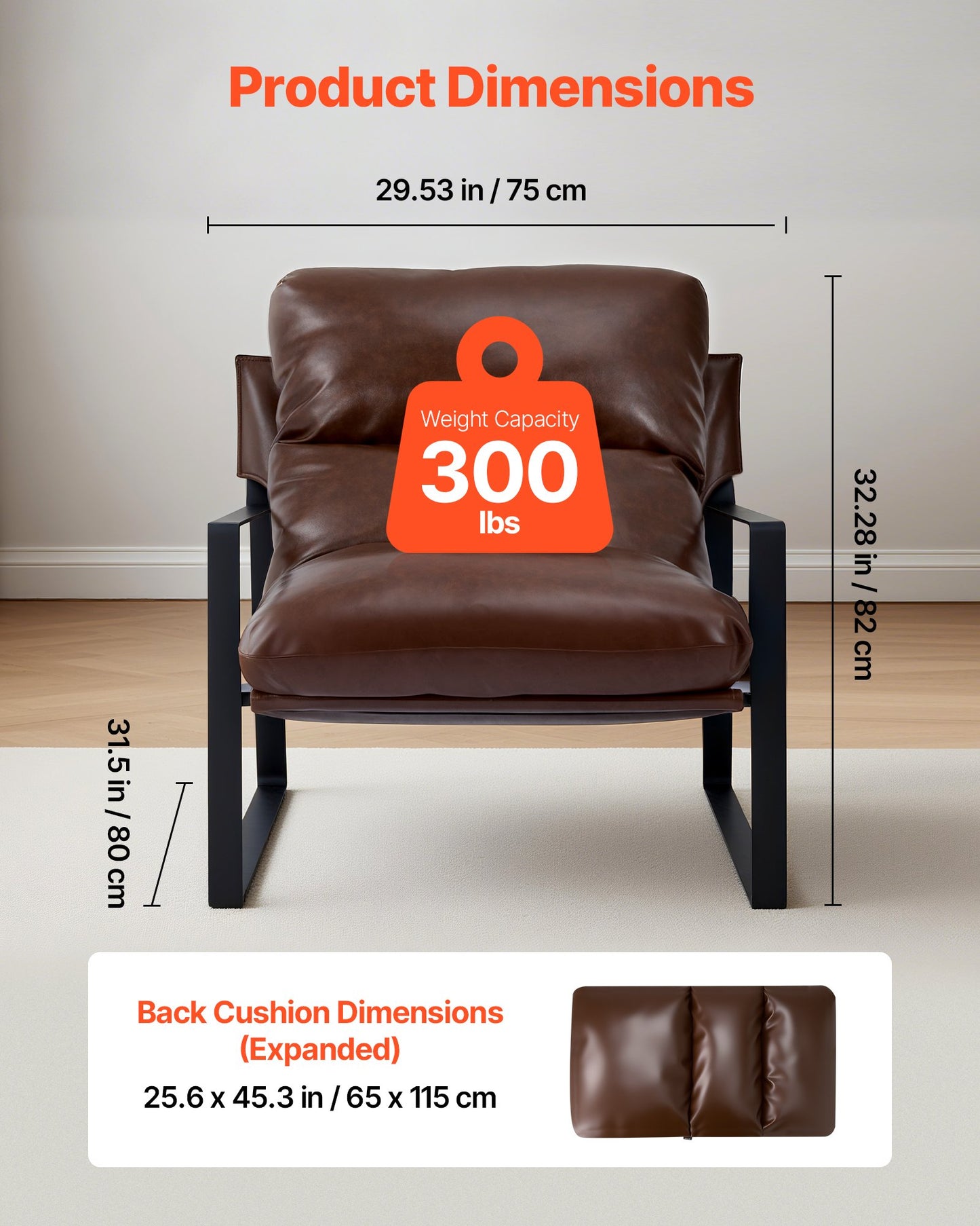 Accent Chair, Modern PU Leather Armchair, Cozy Upholstered Chair, with Soft Foam Cushioning, Sturdy Metal Frame, and Detachable Cushion, for Living Room, Bedroom, Reading Room, Office, Brown