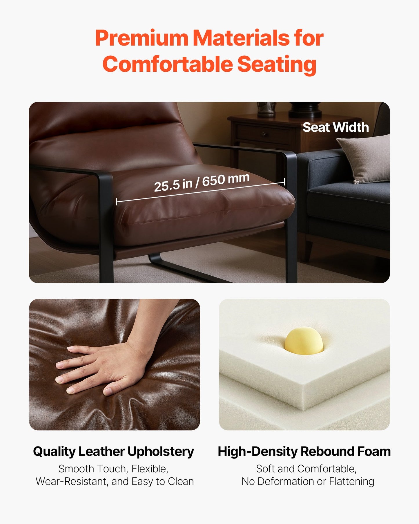 Accent Chair, Modern PU Leather Armchair, Cozy Upholstered Chair, with Soft Foam Cushioning, Sturdy Metal Frame, and Detachable Cushion, for Living Room, Bedroom, Reading Room, Office, Brown