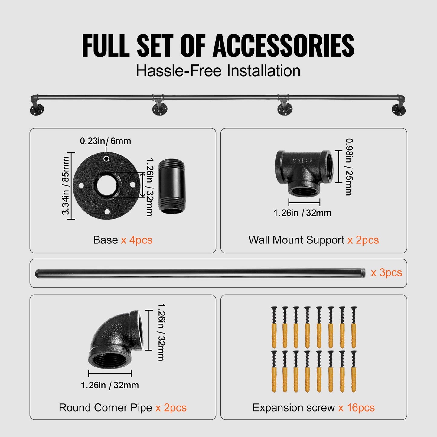 Pipe Stair Handrail, 10FT Staircase Handrail, 440LBS Load Capacity Carbon Steel Pipe Handrail, Industrial Pipe Handrail with Wall Mount Support, Round Corner Wall Handrailing for Indoor, Outdoor
