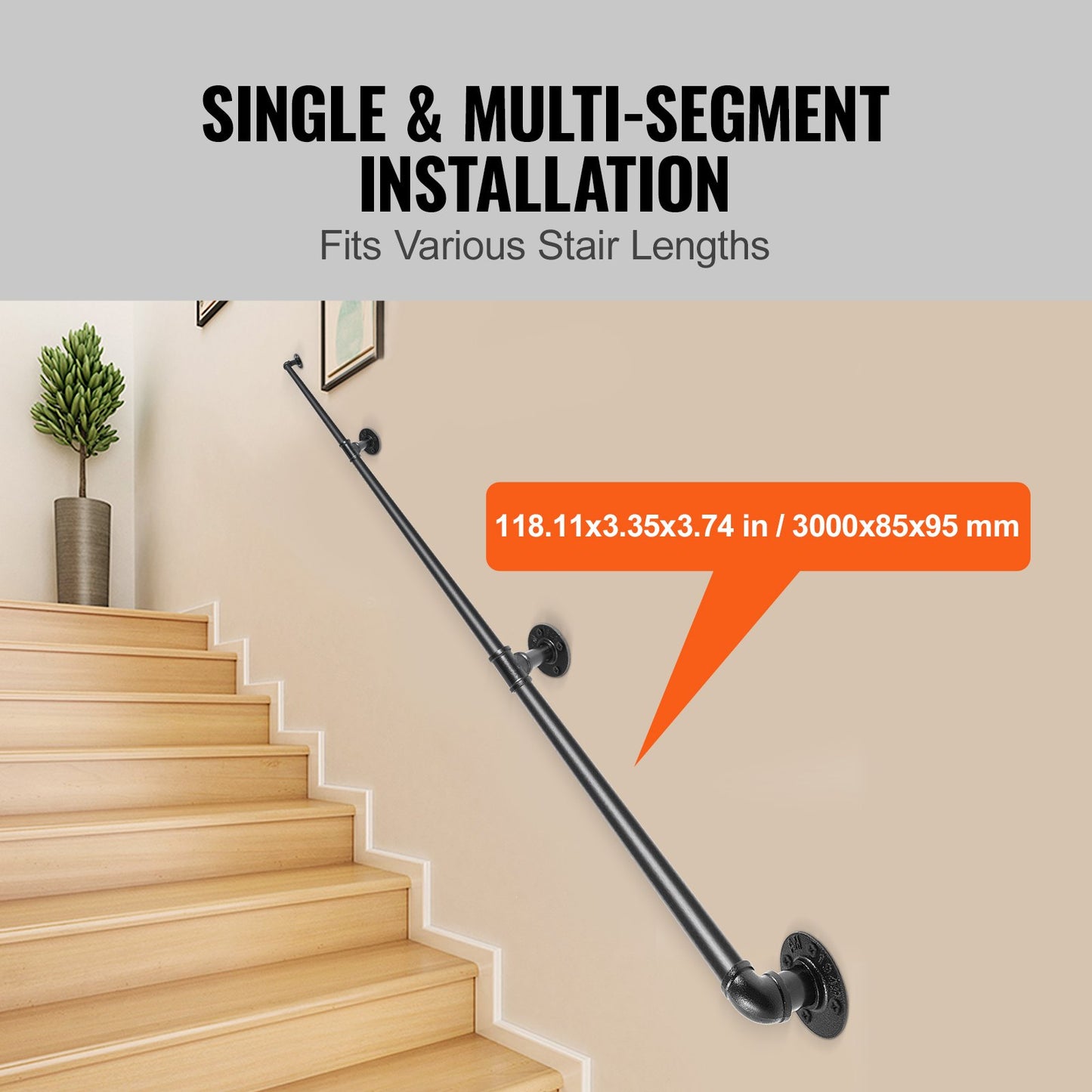 Pipe Stair Handrail, 10FT Staircase Handrail, 440LBS Load Capacity Carbon Steel Pipe Handrail, Industrial Pipe Handrail with Wall Mount Support, Round Corner Wall Handrailing for Indoor, Outdoor