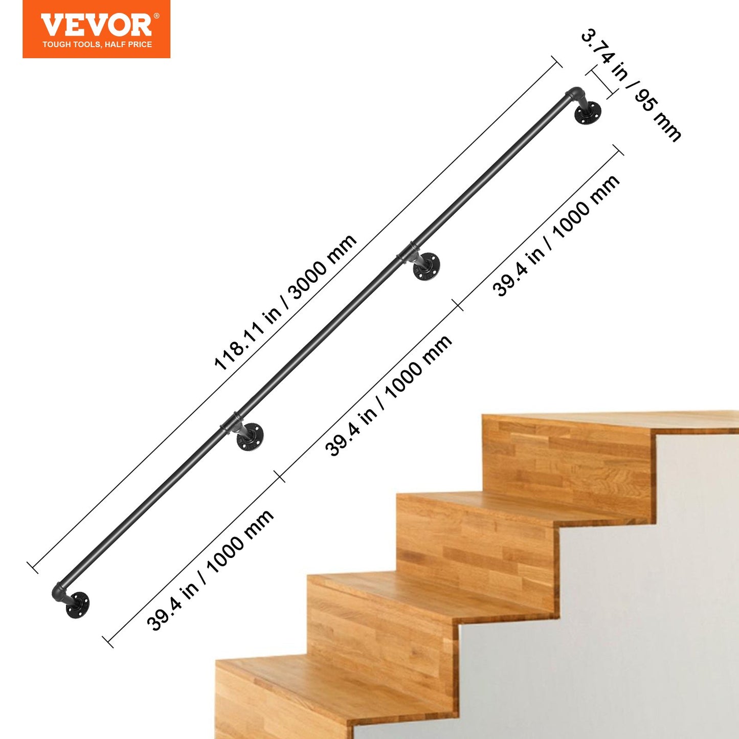 Pipe Stair Handrail, 10FT Staircase Handrail, 440LBS Load Capacity Carbon Steel Pipe Handrail, Industrial Pipe Handrail with Wall Mount Support, Round Corner Wall Handrailing for Indoor, Outdoor