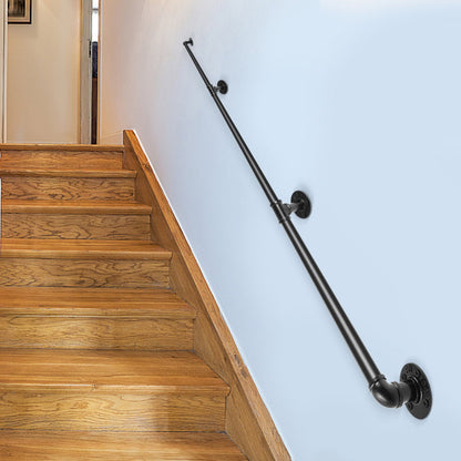 Pipe Stair Handrail, 10FT Staircase Handrail, 440LBS Load Capacity Carbon Steel Pipe Handrail, Industrial Pipe Handrail with Wall Mount Support, Round Corner Wall Handrailing for Indoor, Outdoor