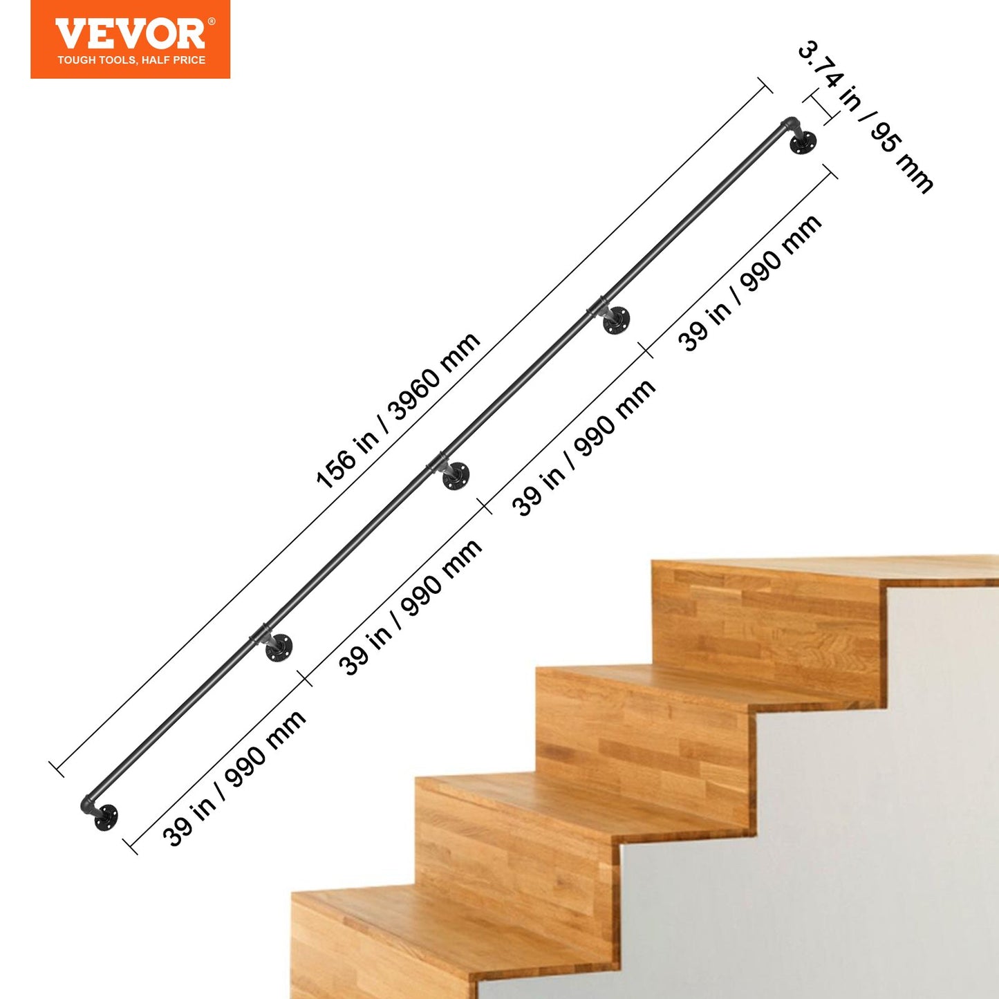 Pipe Stair Handrail, 13FT Stair Handrail, 440LBS Load Capacity Carbon Steel Pipe Handrail, Industrial Pipe Handrail with Wall Mount Support, Round Corner Wall Railing for Indoor, Outdoor