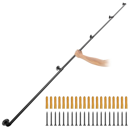 Pipe Stair Handrail, 13FT Stair Handrail, 440LBS Load Capacity Carbon Steel Pipe Handrail, Industrial Pipe Handrail with Wall Mount Support, Round Corner Wall Railing for Indoor, Outdoor