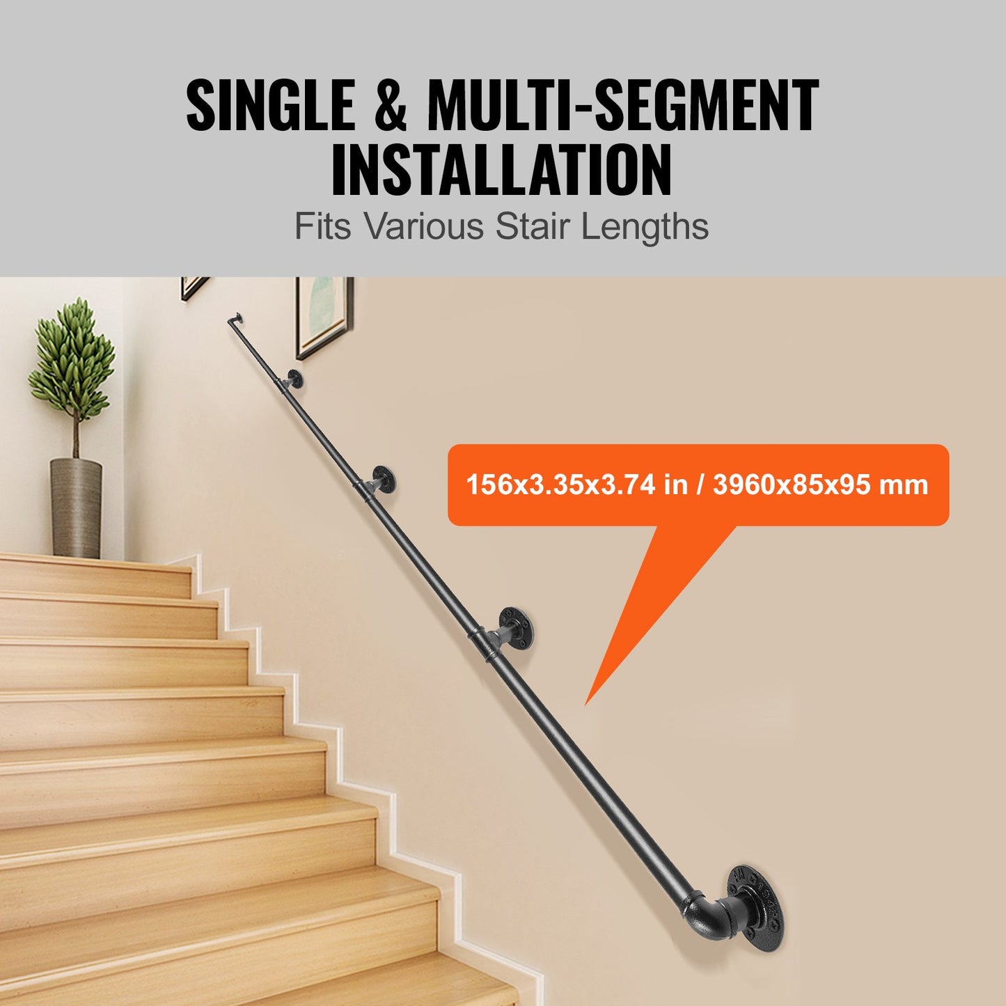 Pipe Stair Handrail, 13FT Staircase Handrail, 440LBS Load Capacity Carbon Steel Pipe Handrail, Industrial Pipe Handrail with Wall Mount Support, Round Corner Wall Handrailing for Indoor, Outdoor